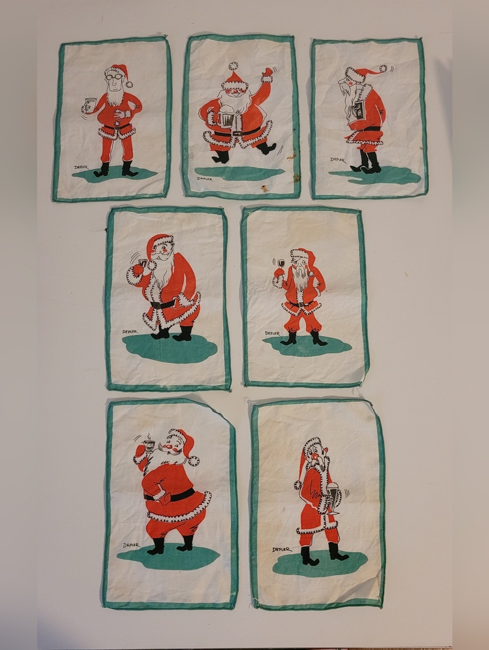Vintage MCM Constance Depler Tipsy Santa Linen Cocktail Napkins Set 7 Christmas